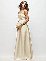 Side View Thumbnail - Champagne Strapless Hand-Pleated Bodice Satin Maxi Dress with Full Pleated Skirt