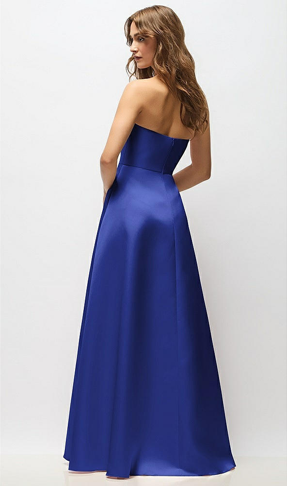 Back View - Cobalt Blue Strapless Hand-Pleated Bodice Satin Maxi Dress with Full Pleated Skirt