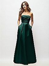 Front View Thumbnail - Evergreen Strapless Hand-Pleated Bodice Satin Maxi Dress with Full Pleated Skirt