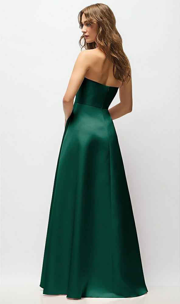 Back View - Hunter Green Strapless Hand-Pleated Bodice Satin Maxi Dress with Full Pleated Skirt