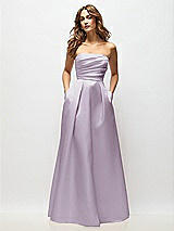 Front View Thumbnail - Lilac Haze Strapless Hand-Pleated Bodice Satin Maxi Dress with Full Pleated Skirt