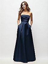 Front View Thumbnail - Midnight Navy Strapless Hand-Pleated Bodice Satin Maxi Dress with Full Pleated Skirt