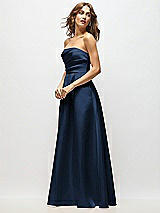 Side View Thumbnail - Midnight Navy Strapless Hand-Pleated Bodice Satin Maxi Dress with Full Pleated Skirt