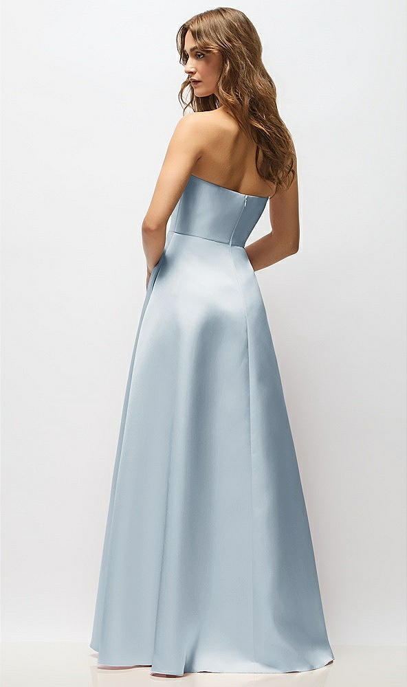 Back View - Mist Strapless Hand-Pleated Bodice Satin Maxi Dress with Full Pleated Skirt