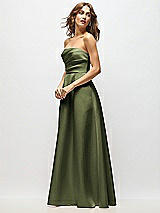 Side View Thumbnail - Olive Green Strapless Hand-Pleated Bodice Satin Maxi Dress with Full Pleated Skirt