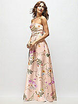 Side View Thumbnail - Butterfly Botanica Pink Sand Strapless Hand-Pleated Bodice Floral Satin Maxi Dress with Full Pleated Skirt