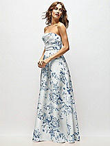 Side View Thumbnail - Cottage Rose Larkspur Strapless Hand-Pleated Bodice Floral Satin Maxi Dress with Full Pleated Skirt