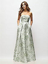 Front View Thumbnail - Sage Cottage Rose Strapless Hand-Pleated Bodice Floral Satin Maxi Dress with Full Pleated Skirt