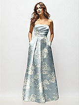 Front View Thumbnail - Porcelain Blue Seraphina Floral Strapless Hand-Pleated Bodice Floral Satin Maxi Dress with Full Pleated Skirt