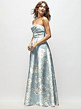 Side View Thumbnail - Porcelain Blue Seraphina Floral Strapless Hand-Pleated Bodice Floral Satin Maxi Dress with Full Pleated Skirt