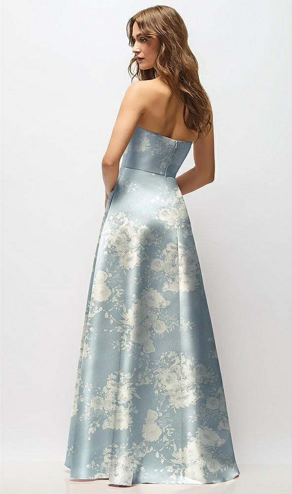 Back View - Porcelain Blue Seraphina Floral Strapless Hand-Pleated Bodice Floral Satin Maxi Dress with Full Pleated Skirt