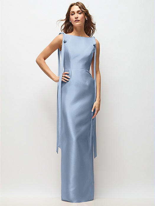 Bateau Neck Satin Column Maxi Dress with Exaggerated Tail Bow Straps