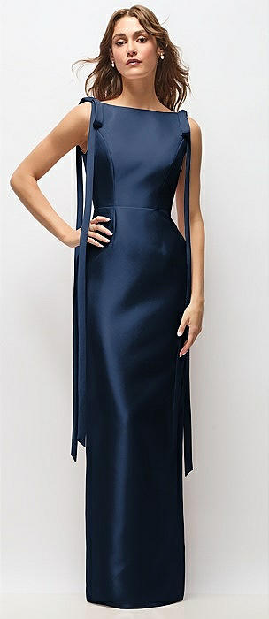 Bateau Neck Satin Column Maxi Dress with Exaggerated Tail Bow Straps