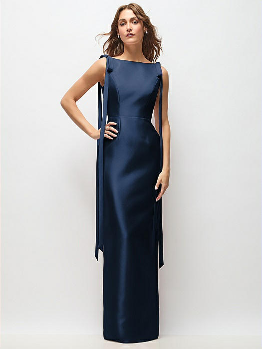 Bateau Neck Satin Column Maxi Dress with Exaggerated Tail Bow Straps