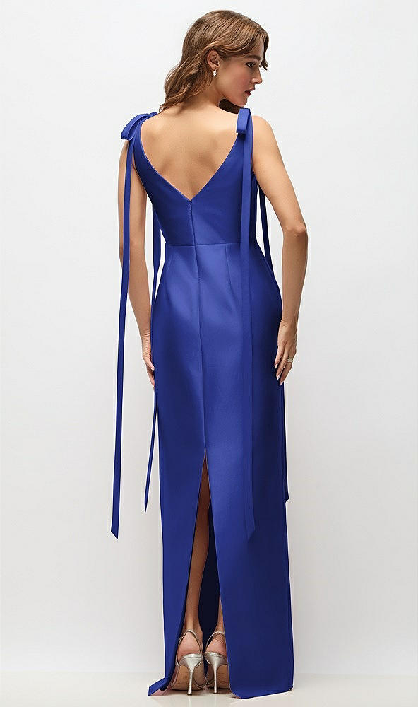 Back View - Cobalt Blue Bateau Neck Satin Column Maxi Dress with Exaggerated Tail Bow Straps