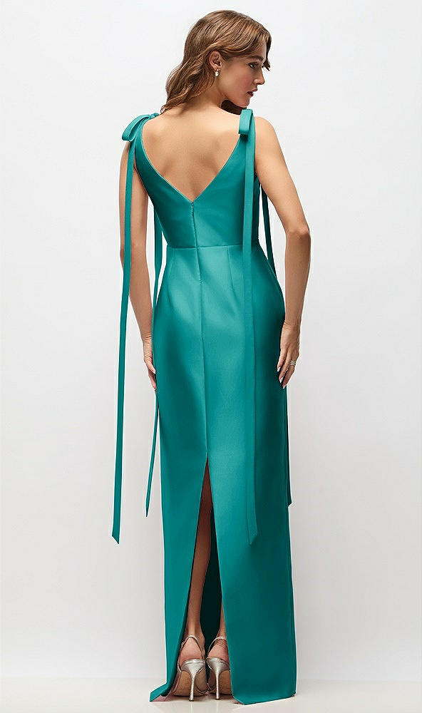 Back View - Jade Bateau Neck Satin Column Maxi Dress with Exaggerated Tail Bow Straps
