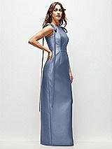 Side View Thumbnail - Larkspur Blue Bateau Neck Satin Column Maxi Dress with Exaggerated Tail Bow Straps