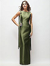 Front View Thumbnail - Olive Green Bateau Neck Satin Column Maxi Dress with Exaggerated Tail Bow Straps