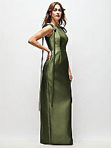 Side View Thumbnail - Olive Green Bateau Neck Satin Column Maxi Dress with Exaggerated Tail Bow Straps