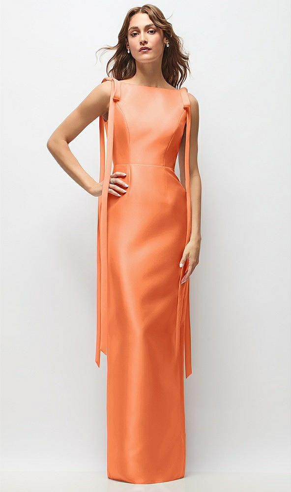 Front View - Portofino Orange Bateau Neck Satin Column Maxi Dress with Exaggerated Tail Bow Straps