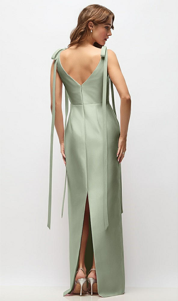 Back View - Sage Bateau Neck Satin Column Maxi Dress with Exaggerated Tail Bow Straps