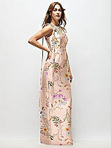 Side View Thumbnail - Butterfly Botanica Pink Sand Floral Bateau Neck Satin Column Maxi Dress with Exaggerated Tail Bow Straps