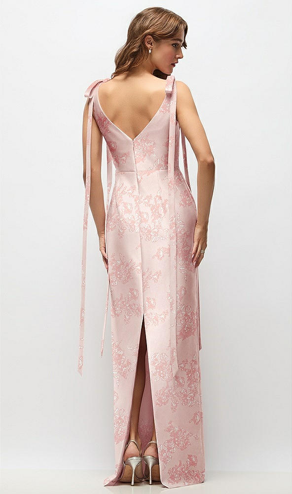 Back View - Bow And Blossom Print Floral Bateau Neck Satin Column Maxi Dress with Exaggerated Tail Bow Straps