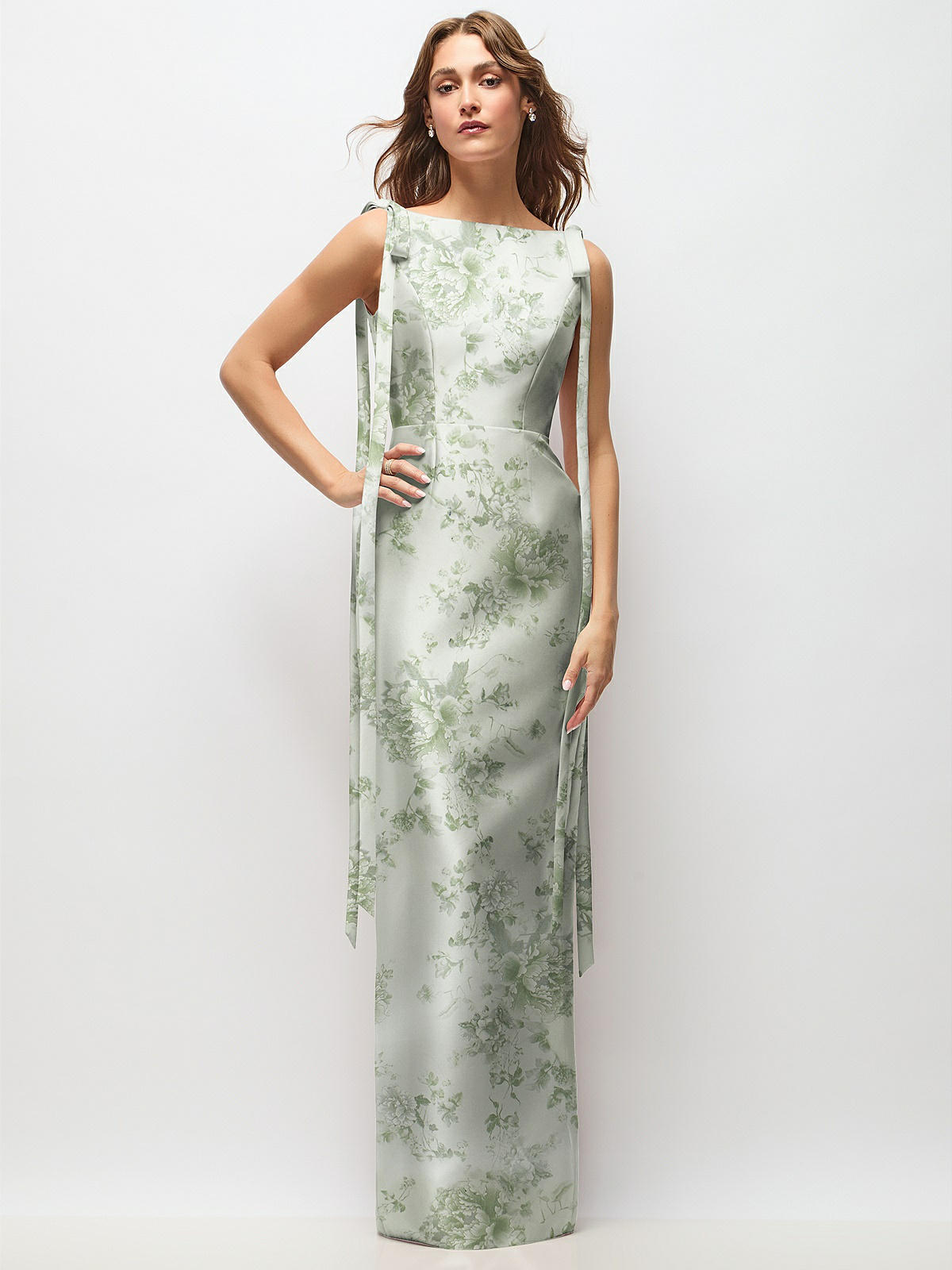ALFRED SUNG - Floral Bateau Neck Satin Column Maxi Dress with Exaggerated Tail Bow Straps