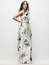 Side View Thumbnail - Inkwash Blue Floral Floral Bateau Neck Satin Column Maxi Dress with Exaggerated Tail Bow Straps