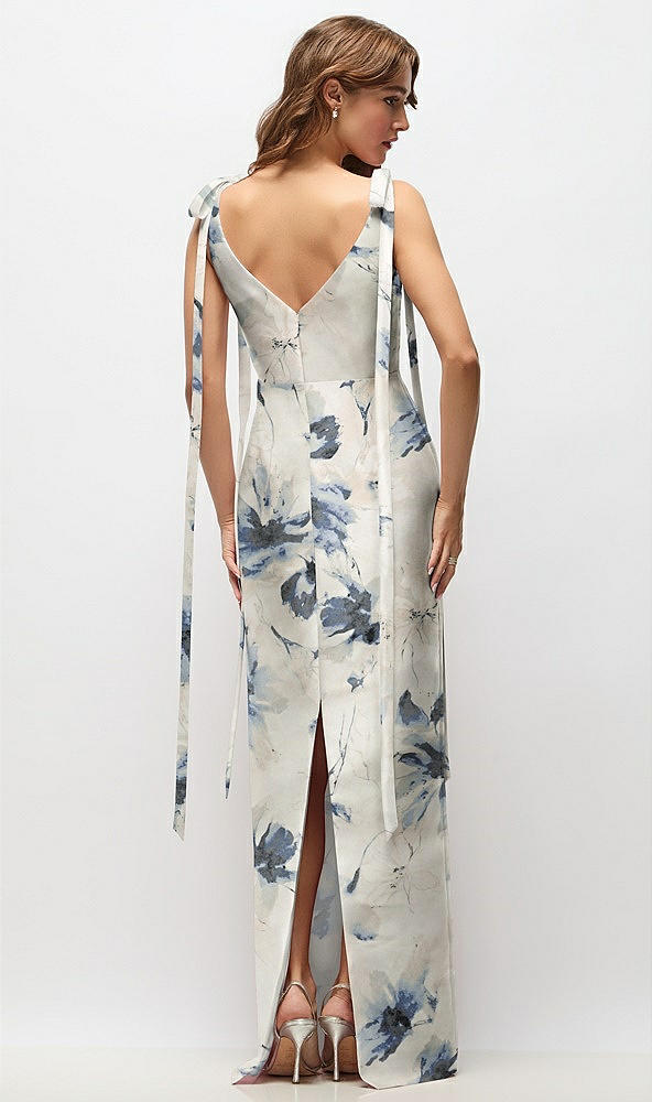 Back View - Inkwash Blue Floral Floral Bateau Neck Satin Column Maxi Dress with Exaggerated Tail Bow Straps