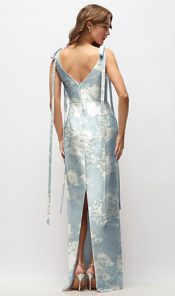 Back View - Porcelain Blue Seraphina Floral Floral Bateau Neck Satin Column Maxi Dress with Exaggerated Tail Bow Straps