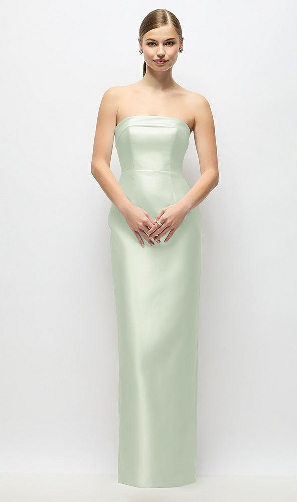 Back View - Mint Green Strapless Cuff Satin Maxi Dress with Column Skirt & Back Bow 