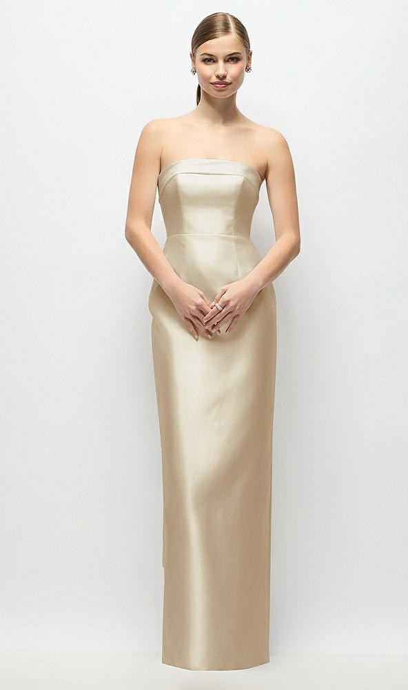 Back View - Champagne Strapless Cuff Satin Maxi Dress with Column Skirt & Back Bow 