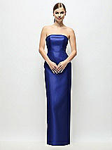 Rear View Thumbnail - Cobalt Blue Strapless Cuff Satin Maxi Dress with Column Skirt & Back Bow 