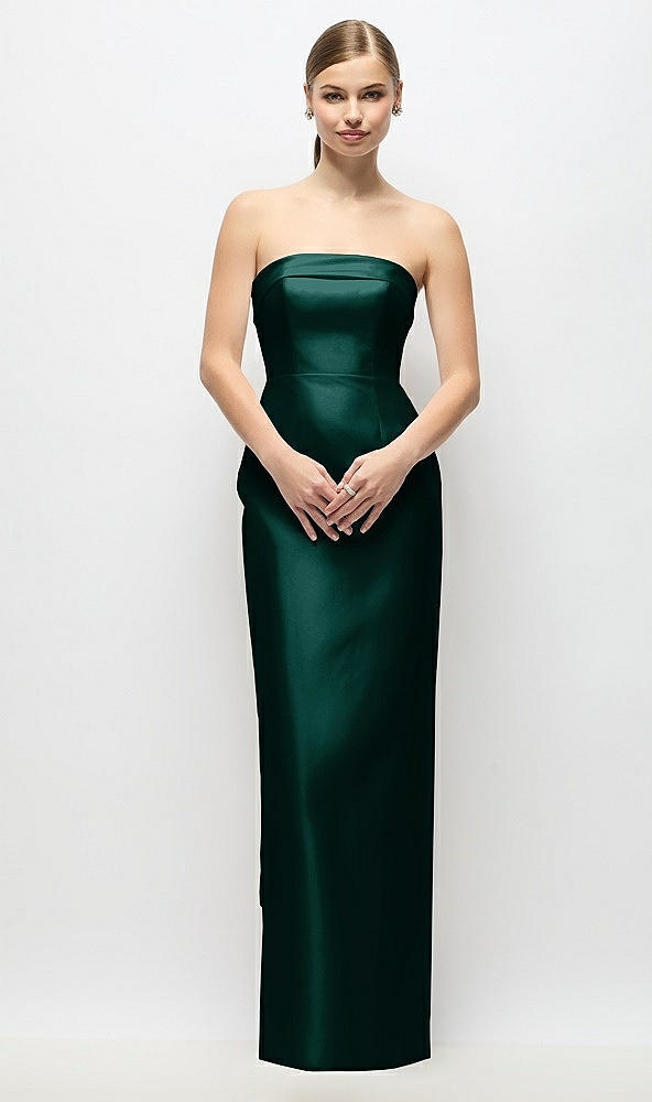 Back View - Evergreen Strapless Cuff Satin Maxi Dress with Column Skirt & Back Bow 
