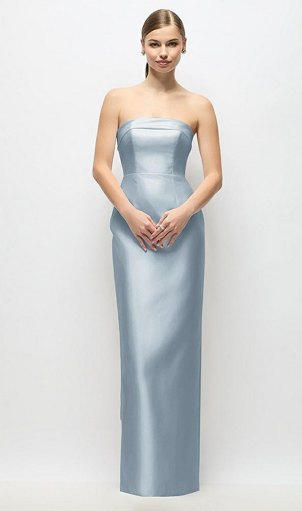 Back View - Mist Strapless Cuff Satin Maxi Dress with Column Skirt & Back Bow 