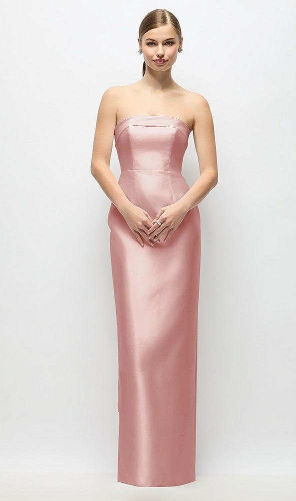 Back View - Rose Strapless Cuff Satin Maxi Dress with Column Skirt & Back Bow 