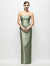 Rear View Thumbnail - Sage Strapless Cuff Satin Maxi Dress with Column Skirt & Back Bow 
