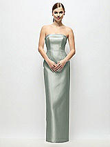 Rear View Thumbnail - Willow Green Strapless Cuff Satin Maxi Dress with Column Skirt & Back Bow