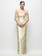 Front View Thumbnail - Butter Yellow Floral Strapless Cuff Floral Satin Maxi Dress with Column Skirt & Back Bow