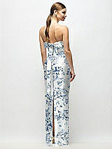 Rear View Thumbnail - Cottage Rose Larkspur Strapless Cuff Floral Satin Maxi Dress with Column Skirt & Back Bow 
