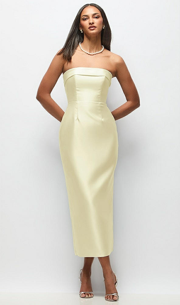 Back View - Butter Yellow Strapless Cuff Satin Midi Dress with Column Skirt & Back Bow 