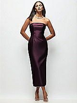 Rear View Thumbnail - Deep Plum Strapless Cuff Satin Midi Dress with Column Skirt & Back Bow 