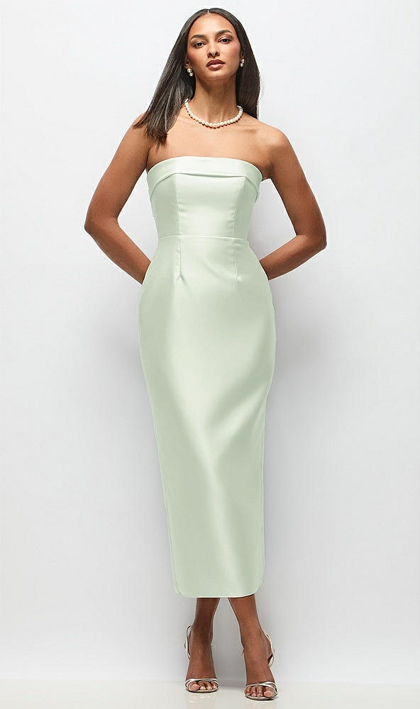 Back View - Mint Green Strapless Cuff Satin Midi Dress with Column Skirt & Back Bow 