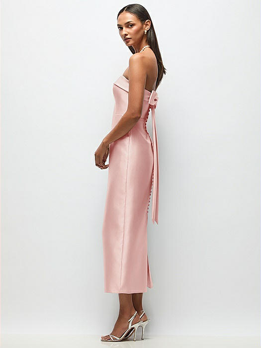 Strapless Cuff Satin Midi Dress with Column Skirt & Back Bow 