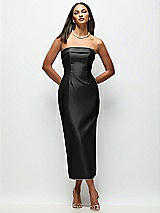 Rear View Thumbnail - Black Strapless Cuff Satin Midi Dress with Column Skirt & Back Bow 