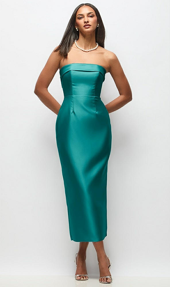 Back View - Jade Strapless Cuff Satin Midi Dress with Column Skirt & Back Bow 