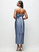 Side View Thumbnail - Larkspur Blue Strapless Cuff Satin Midi Dress with Column Skirt & Back Bow 