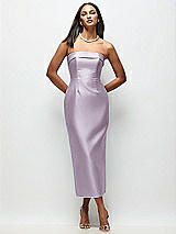 Rear View Thumbnail - Lilac Haze Strapless Cuff Satin Midi Dress with Column Skirt & Back Bow 