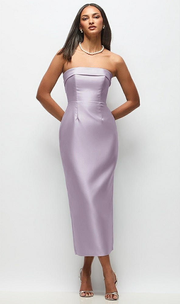 Back View - Lilac Haze Strapless Cuff Satin Midi Dress with Column Skirt & Back Bow 